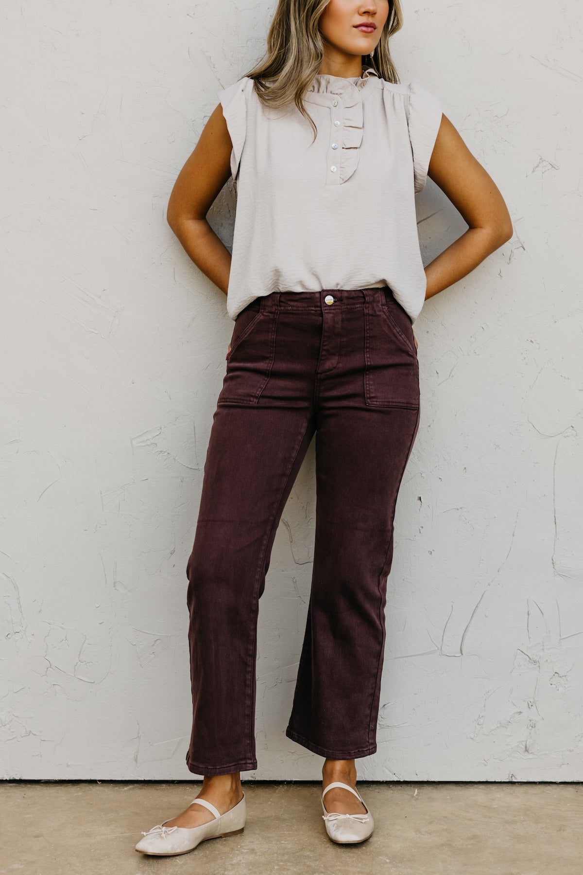 Risen Denim | High Rise Ankle Flare Patch Pocket Denim