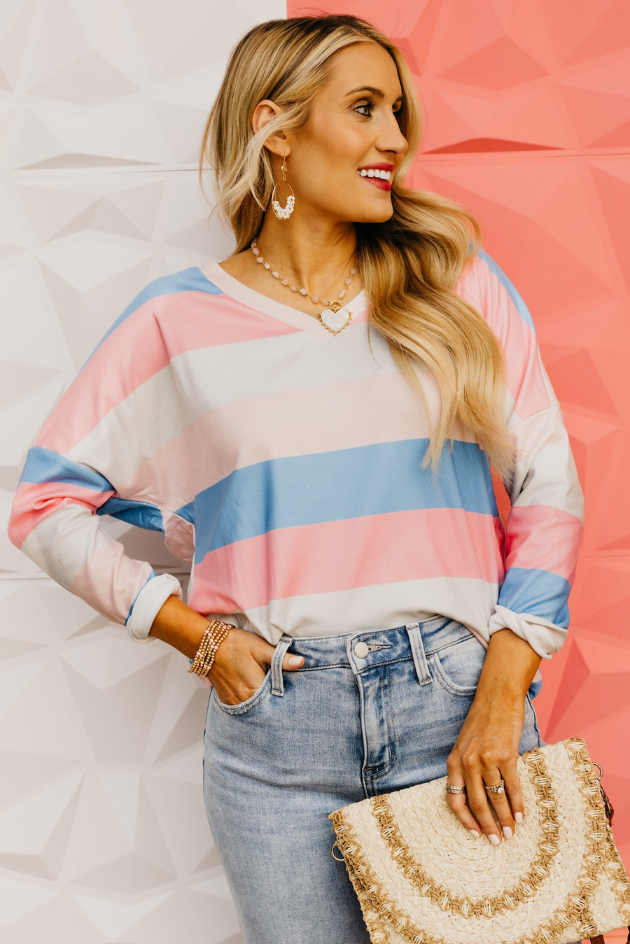 The Angela Striped V Neck Top