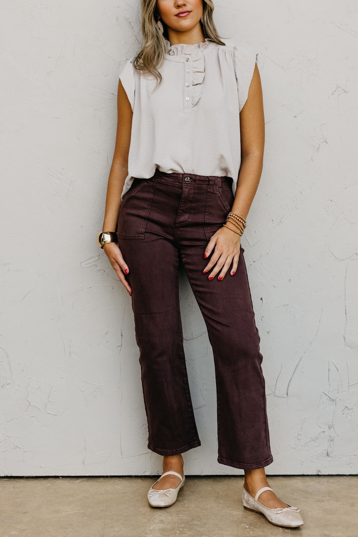 Risen Denim | High Rise Ankle Flare Patch Pocket Denim