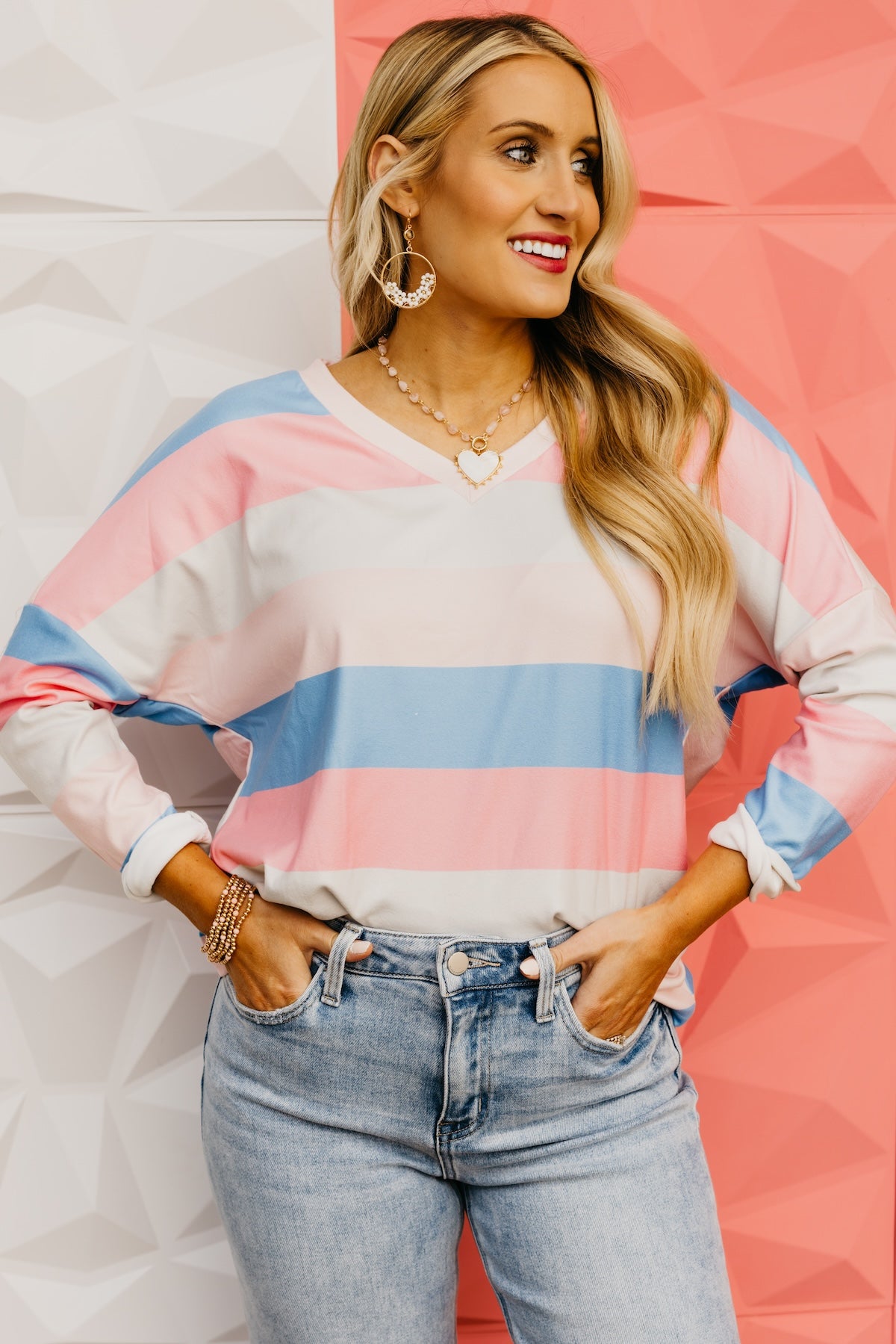 The Angela Striped V Neck Top