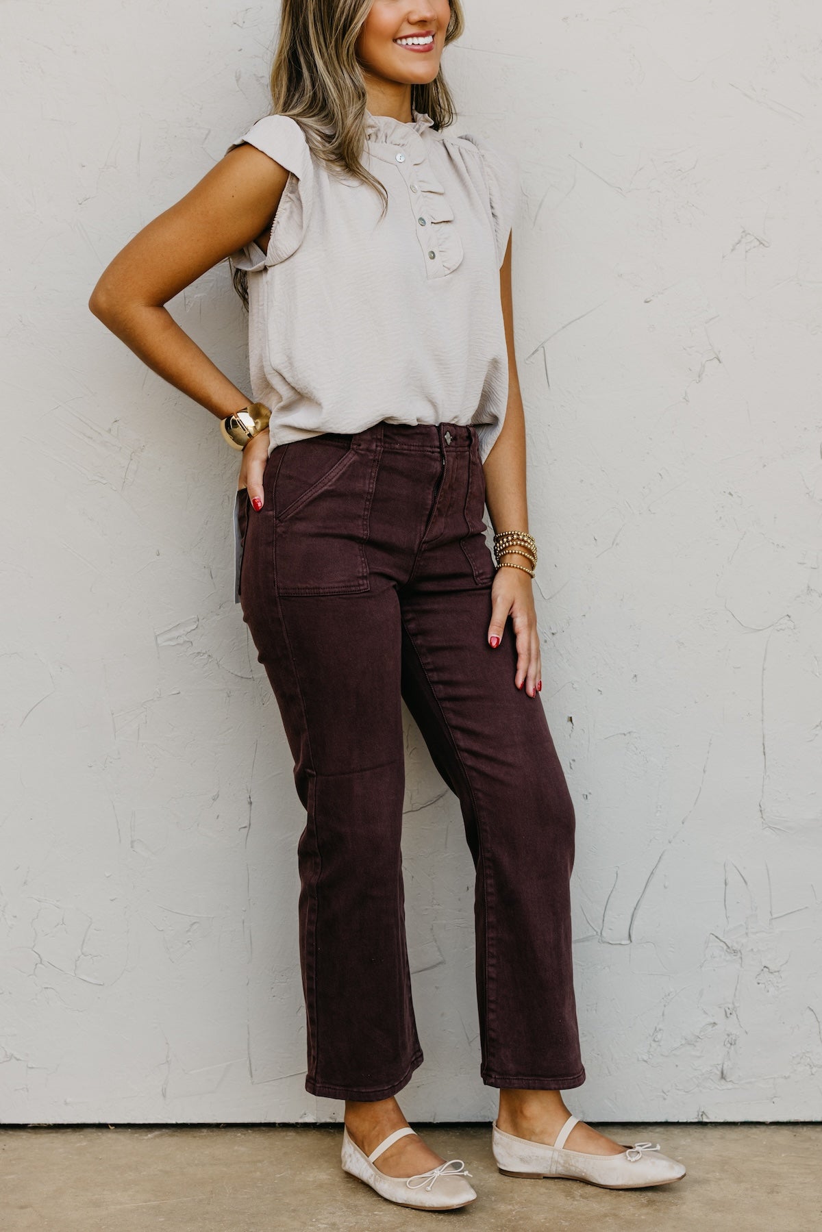 Risen Denim | High Rise Ankle Flare Patch Pocket Denim