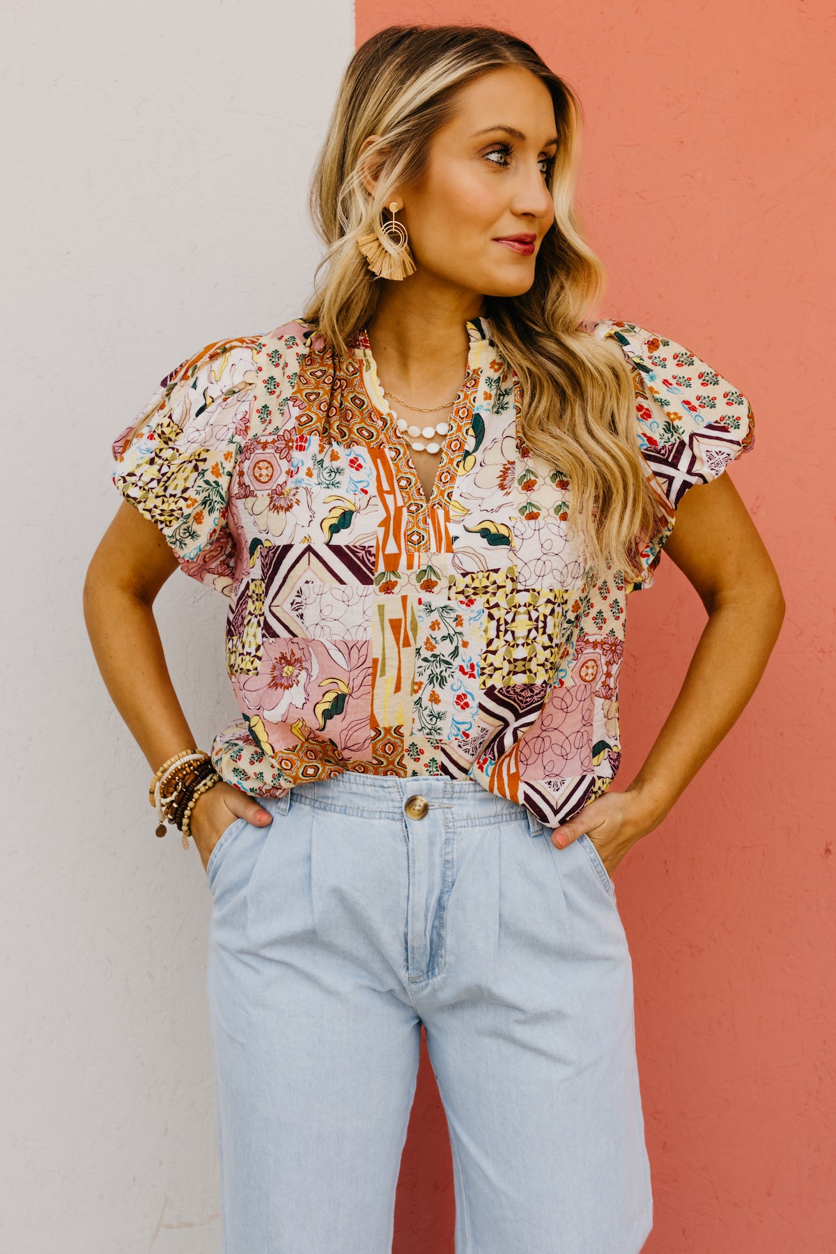 The Kyler Patchwork Puff Sleeve Top