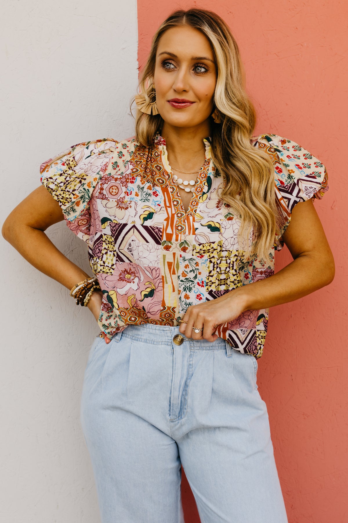 The Kyler Patchwork Puff Sleeve Top