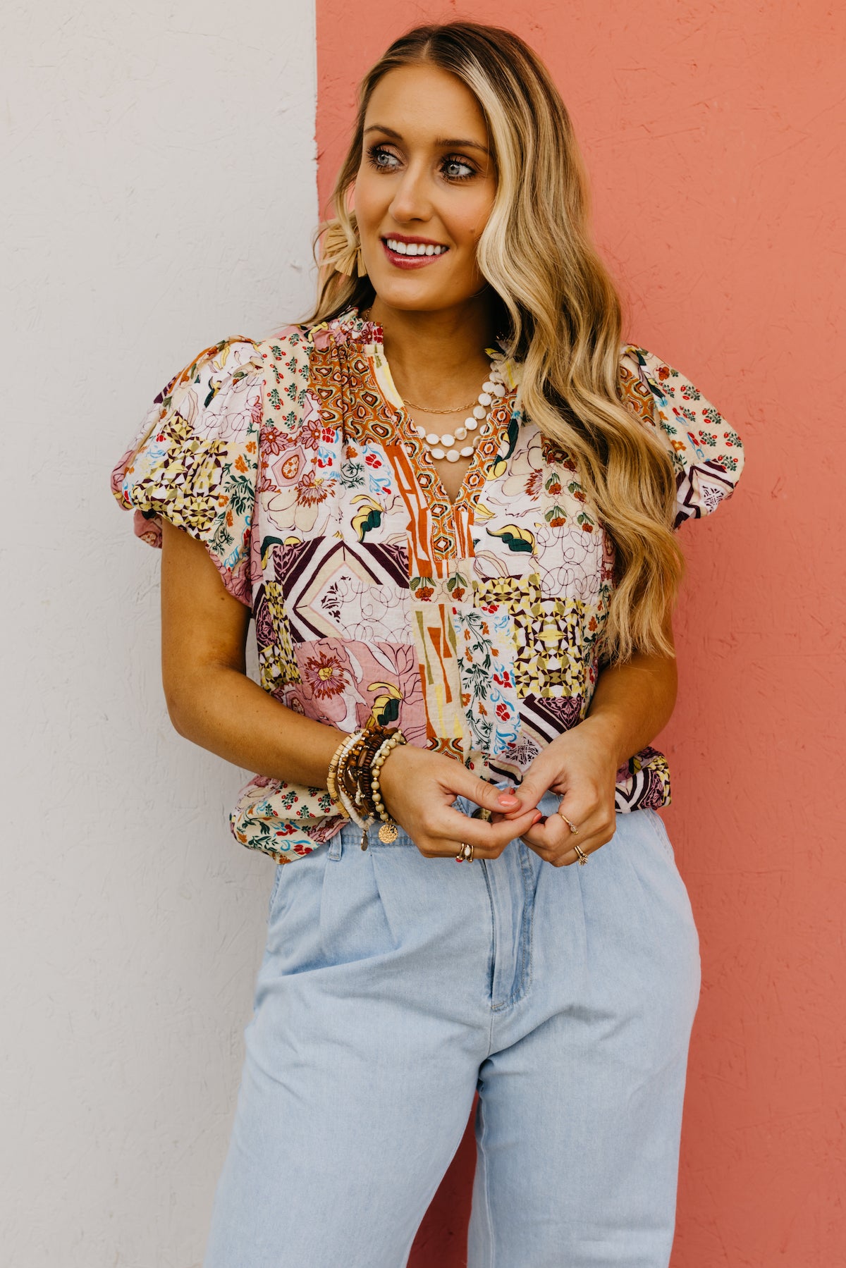 The Kyler Patchwork Puff Sleeve Top