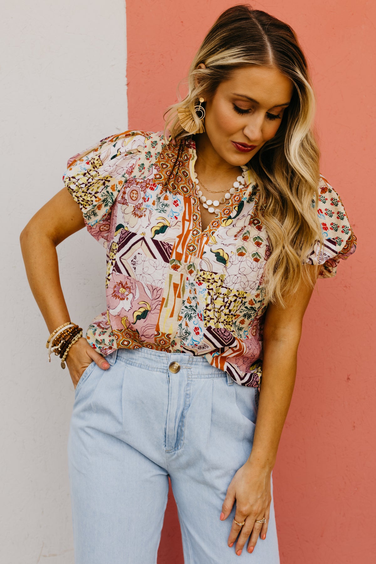 The Kyler Patchwork Puff Sleeve Top