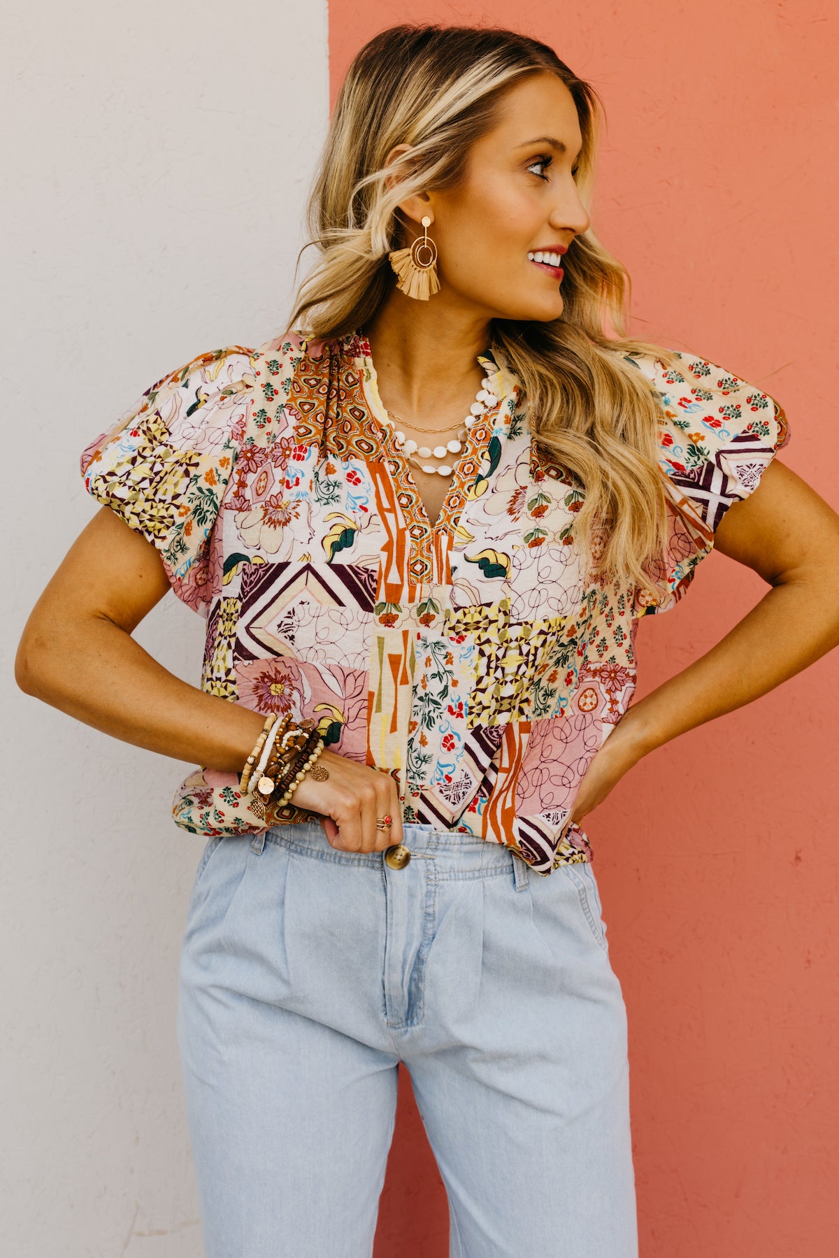 The Kyler Patchwork Puff Sleeve Top