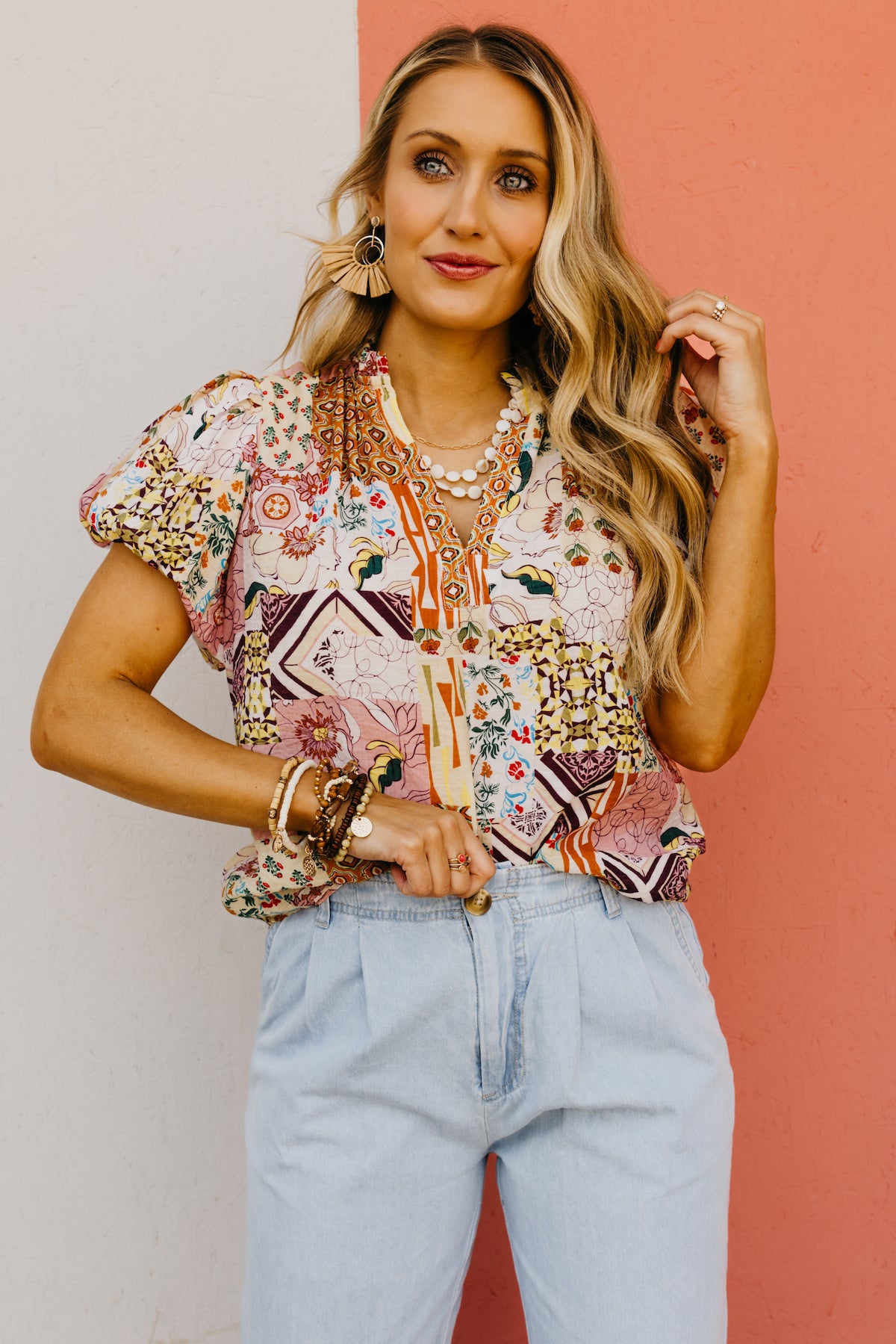 The Kyler Patchwork Puff Sleeve Top