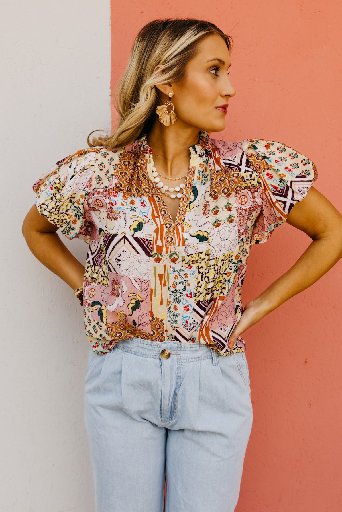 The Kyler Patchwork Puff Sleeve Top