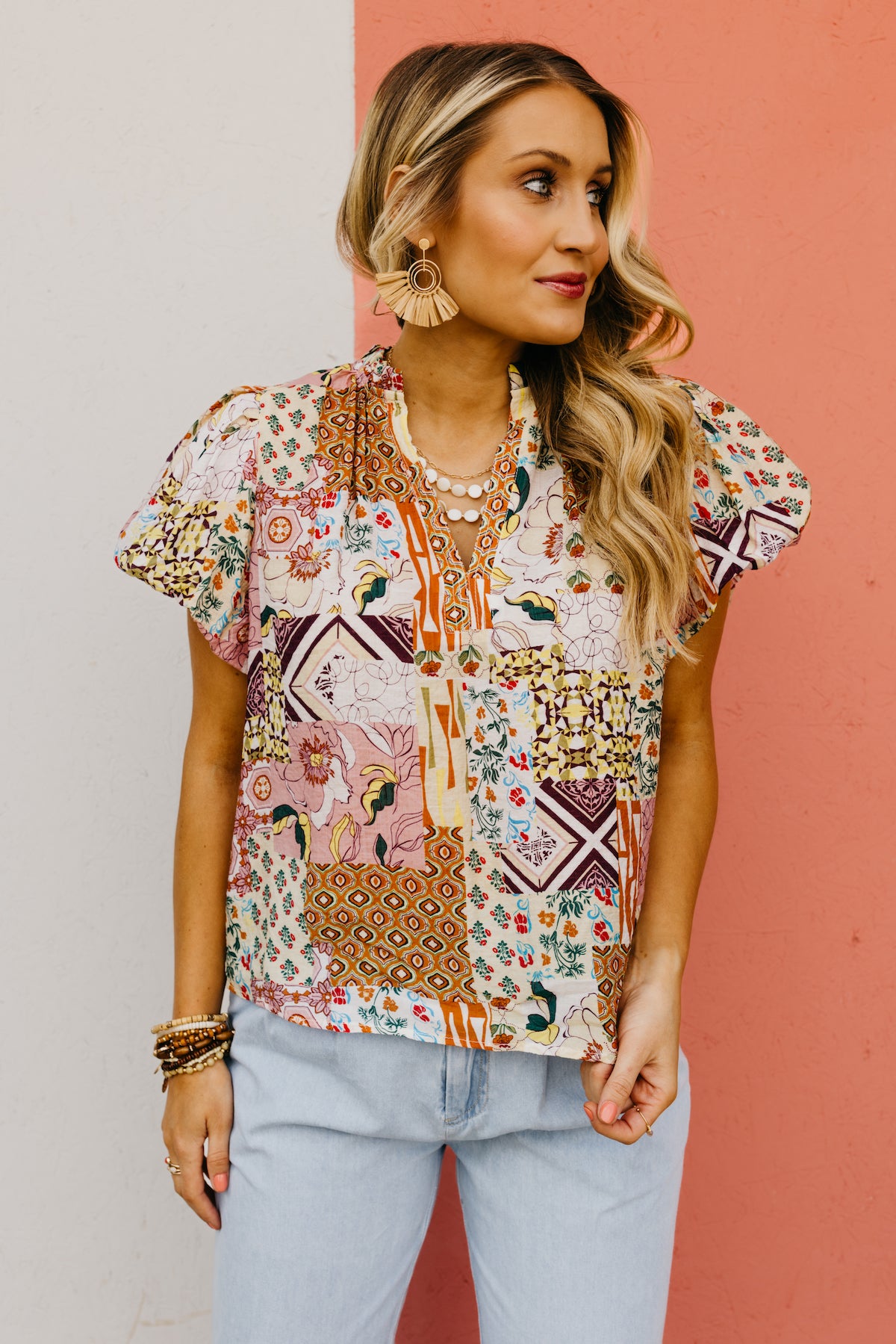 The Kyler Patchwork Puff Sleeve Top