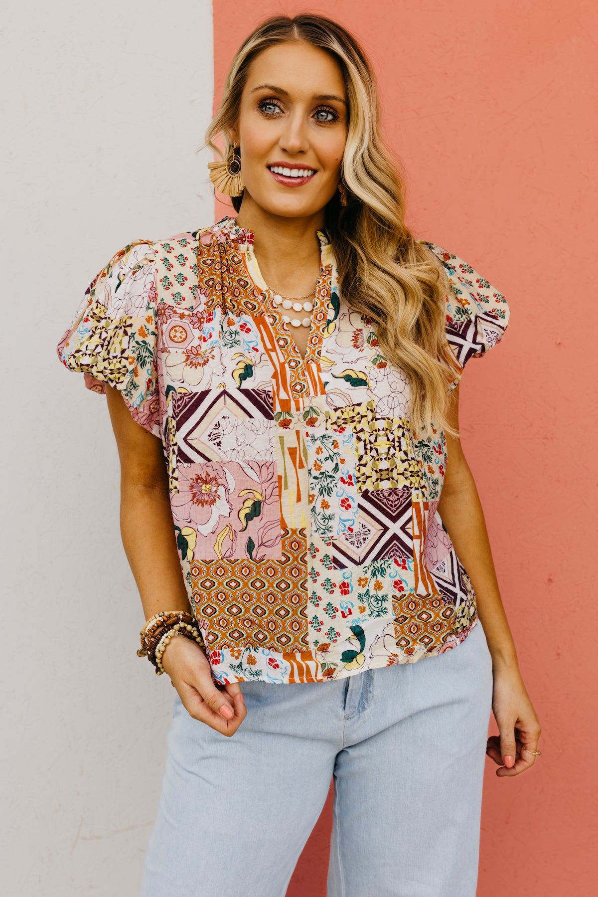 The Kyler Patchwork Puff Sleeve Top