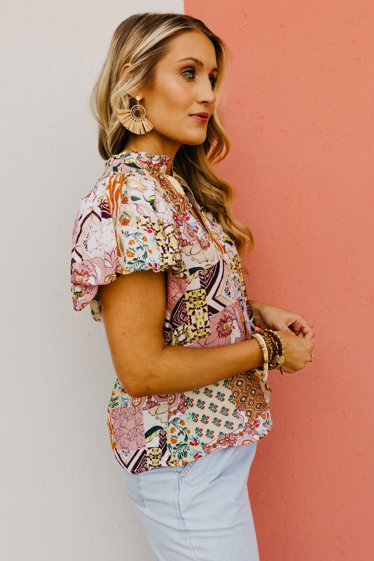 The Kyler Patchwork Puff Sleeve Top