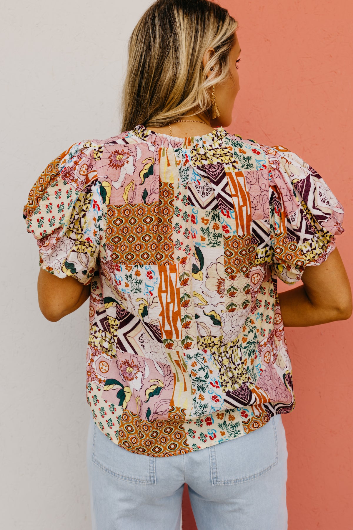The Kyler Patchwork Puff Sleeve Top