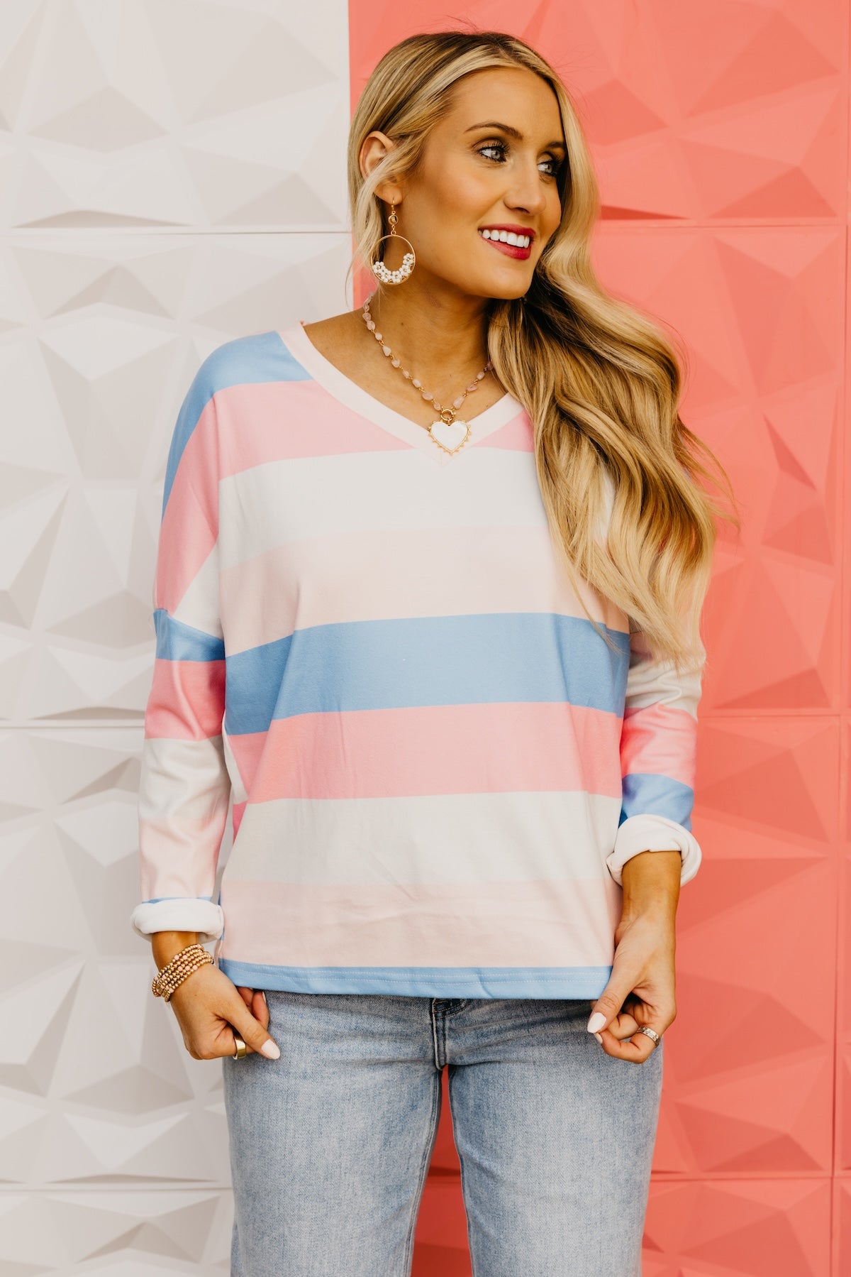 The Angela Striped V Neck Top