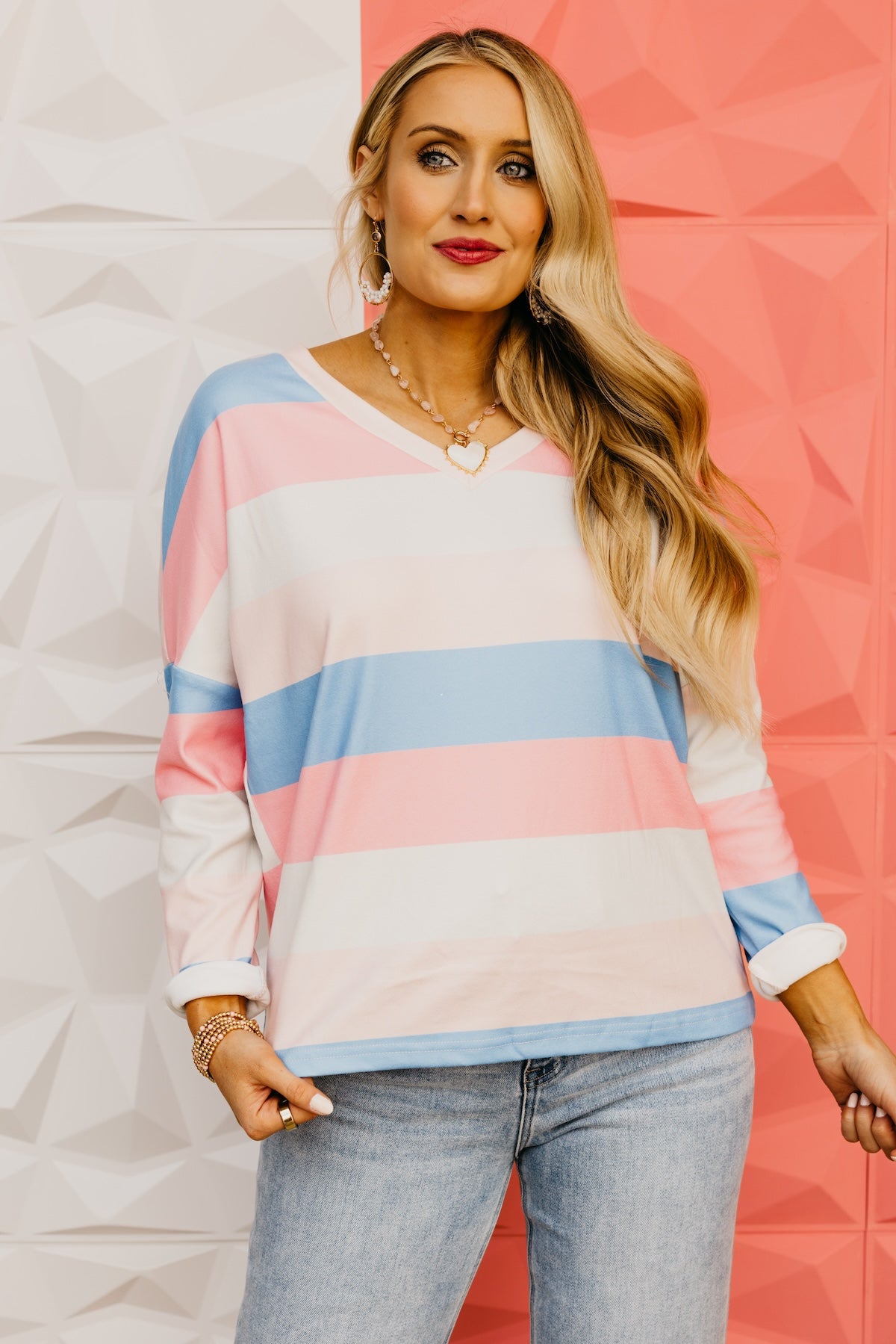 The Angela Striped V Neck Top