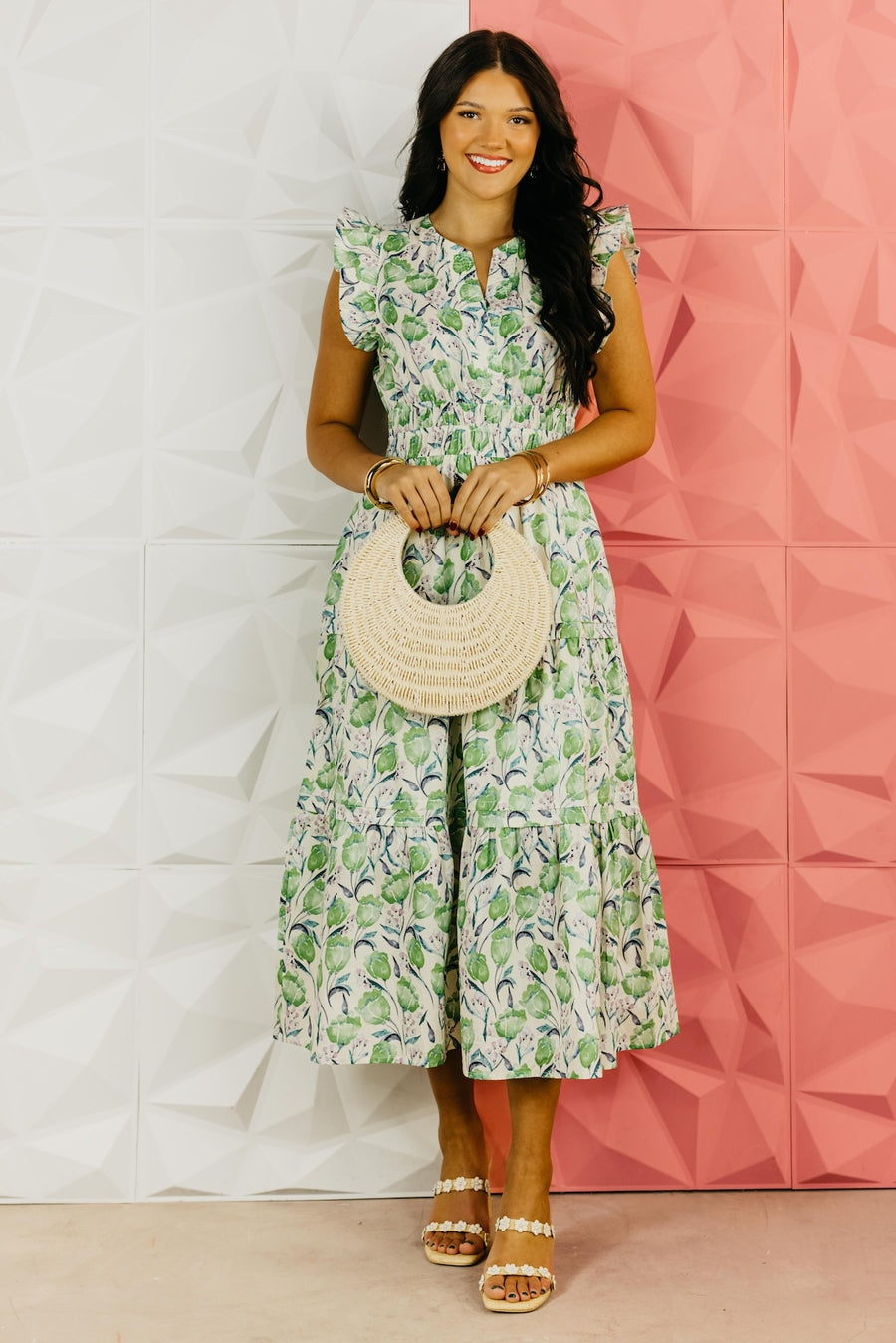 The Adrian Ruffle Sleeve Floral Midi Dress