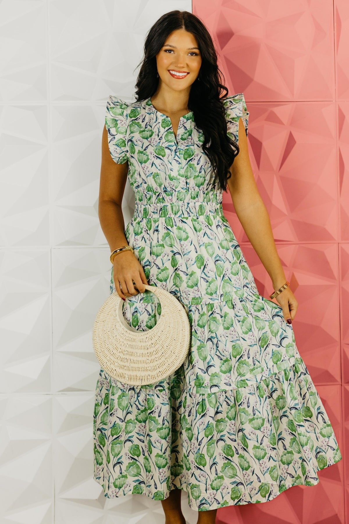 The Adrian Ruffle Sleeve Floral Midi Dress