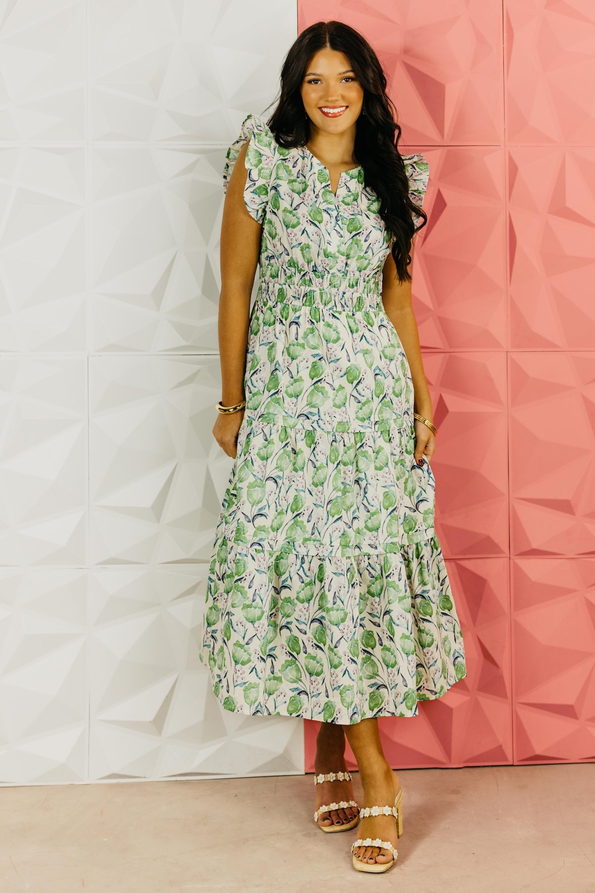 The Adrian Ruffle Sleeve Floral Midi Dress