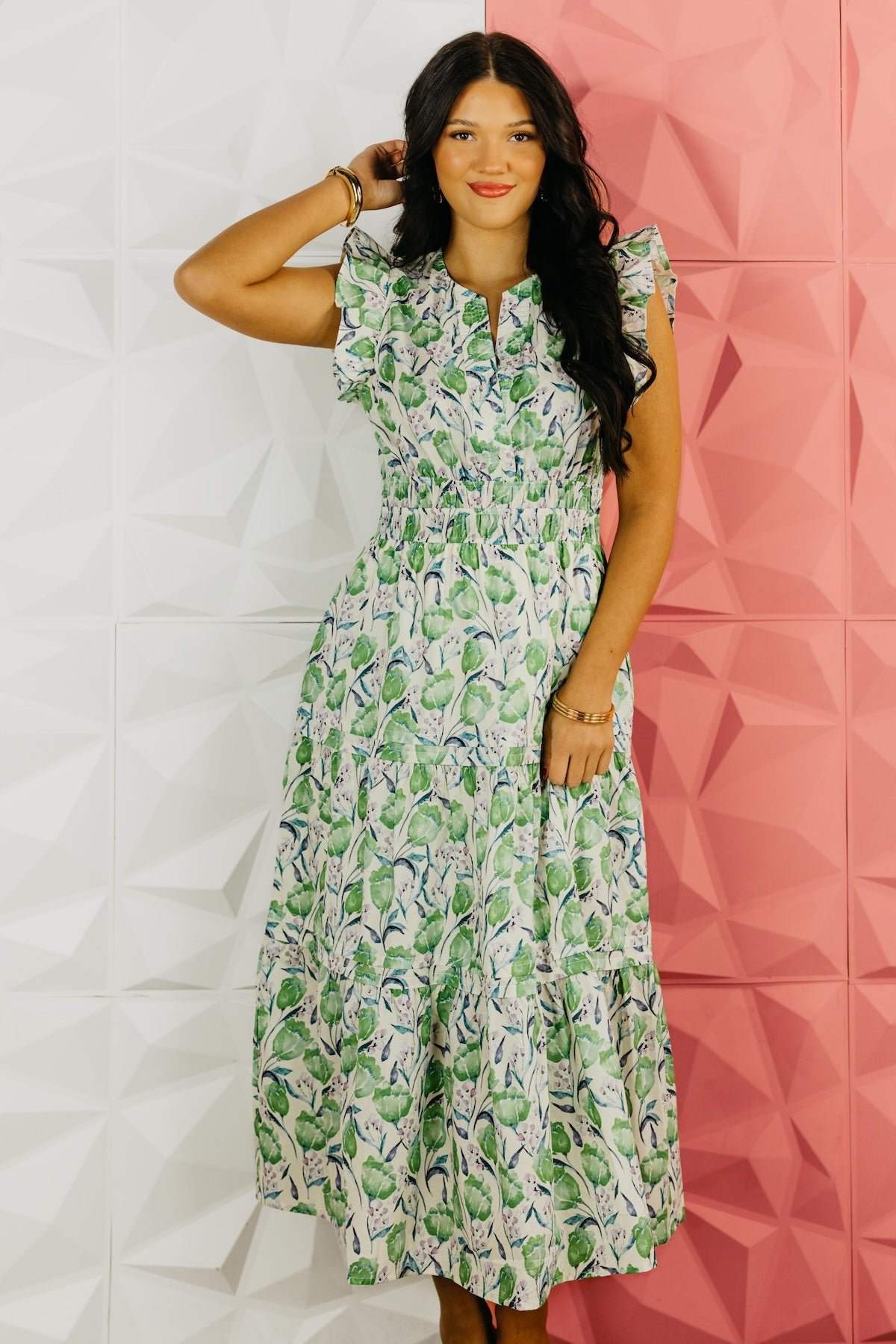 The Adrian Ruffle Sleeve Floral Midi Dress