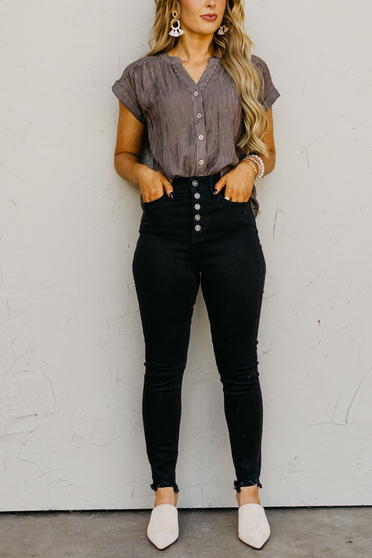 Kan Can 11 Inch High Rise Button Skinny Denim