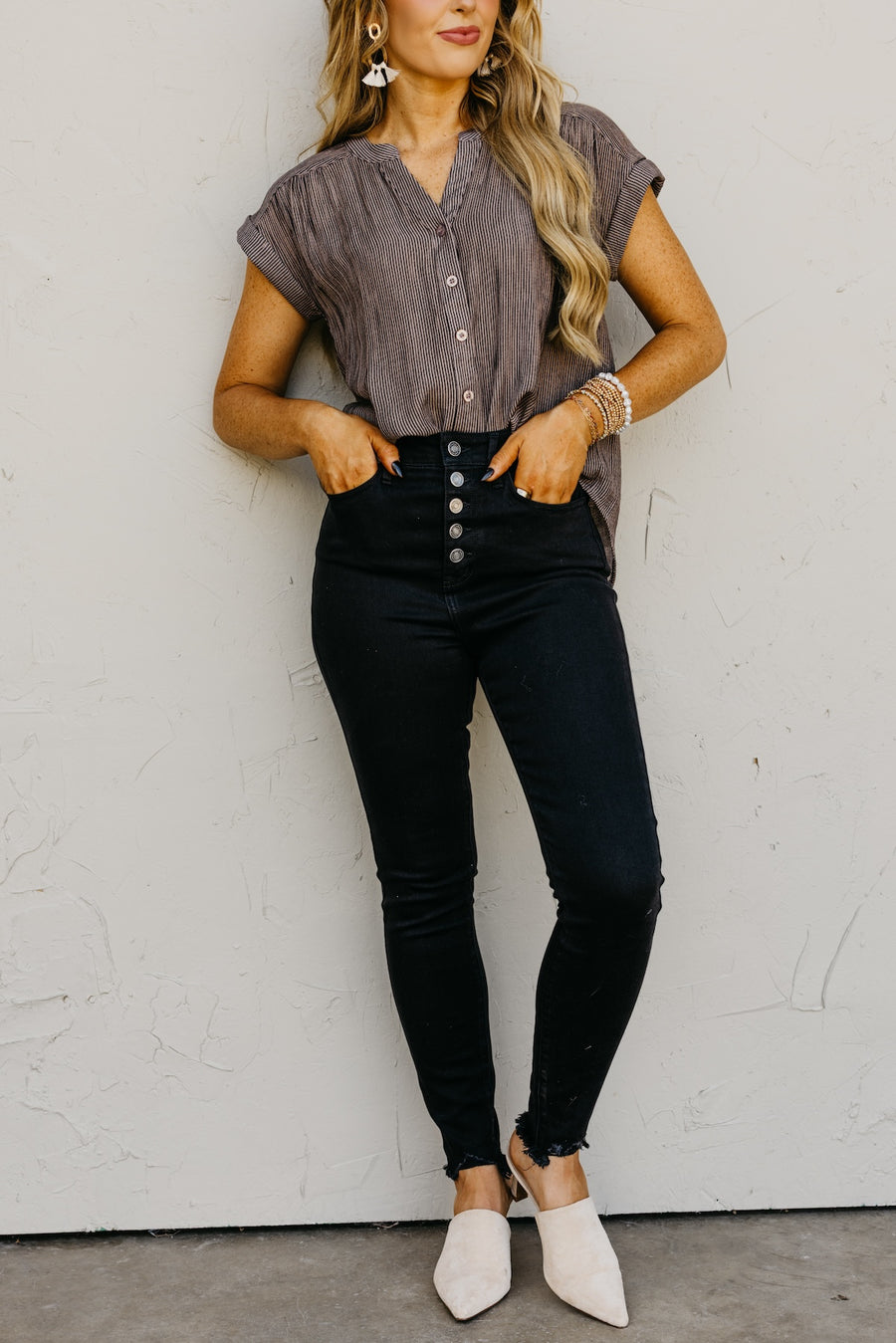 Kan Can 11 Inch High Rise Button Skinny Denim