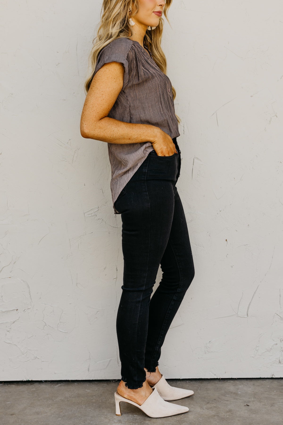 Kan Can 11 Inch High Rise Button Skinny Denim