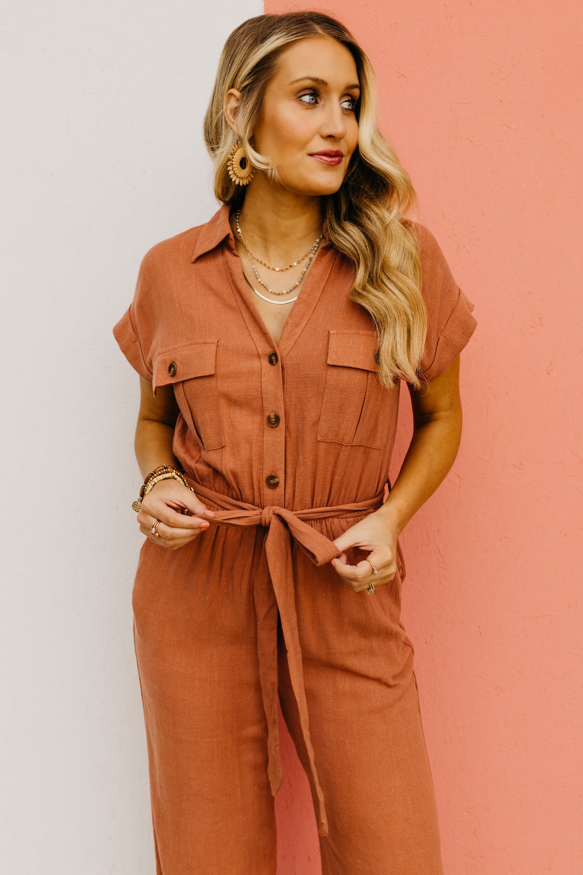 The Erin Button Down Belted Wide Leg Jumpsuit
