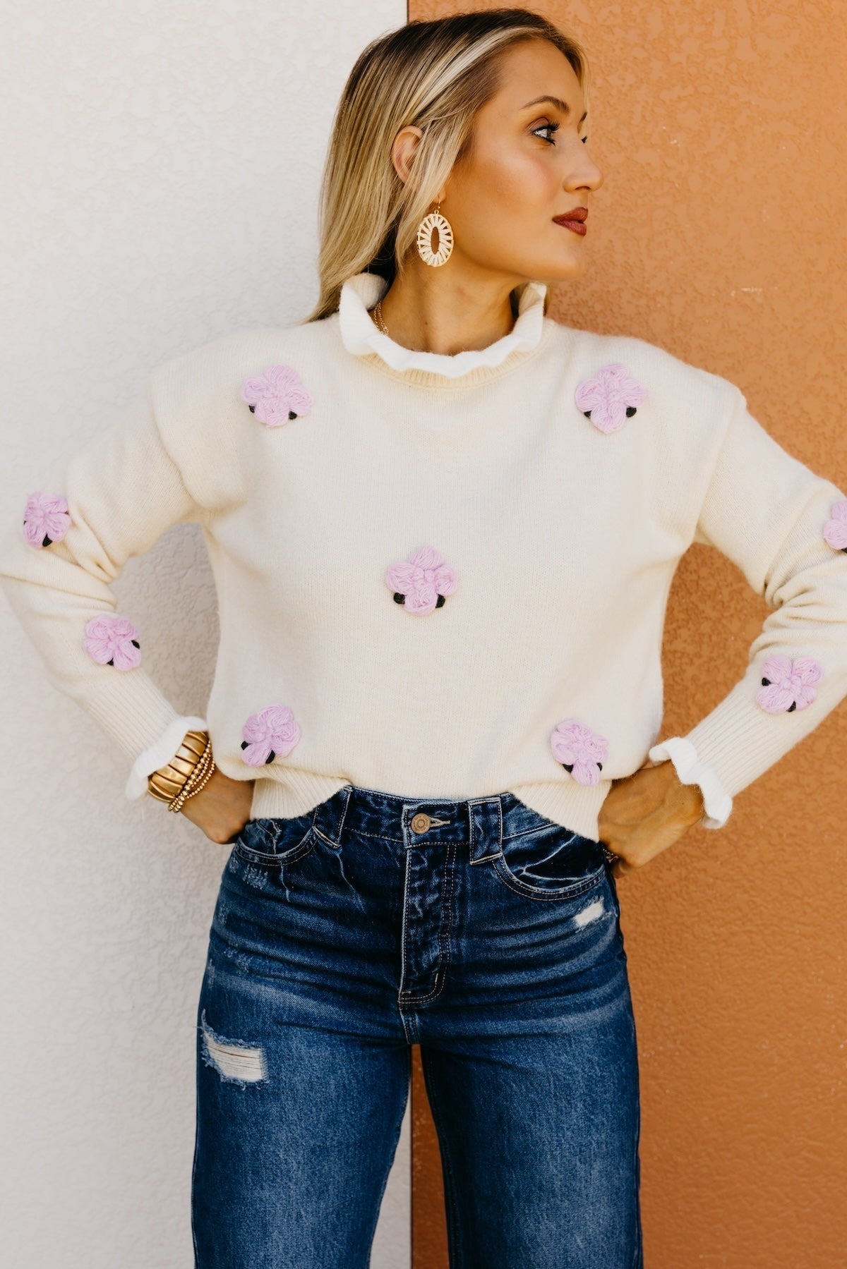 The Rogelio Floral Ruffle Trim Sweater