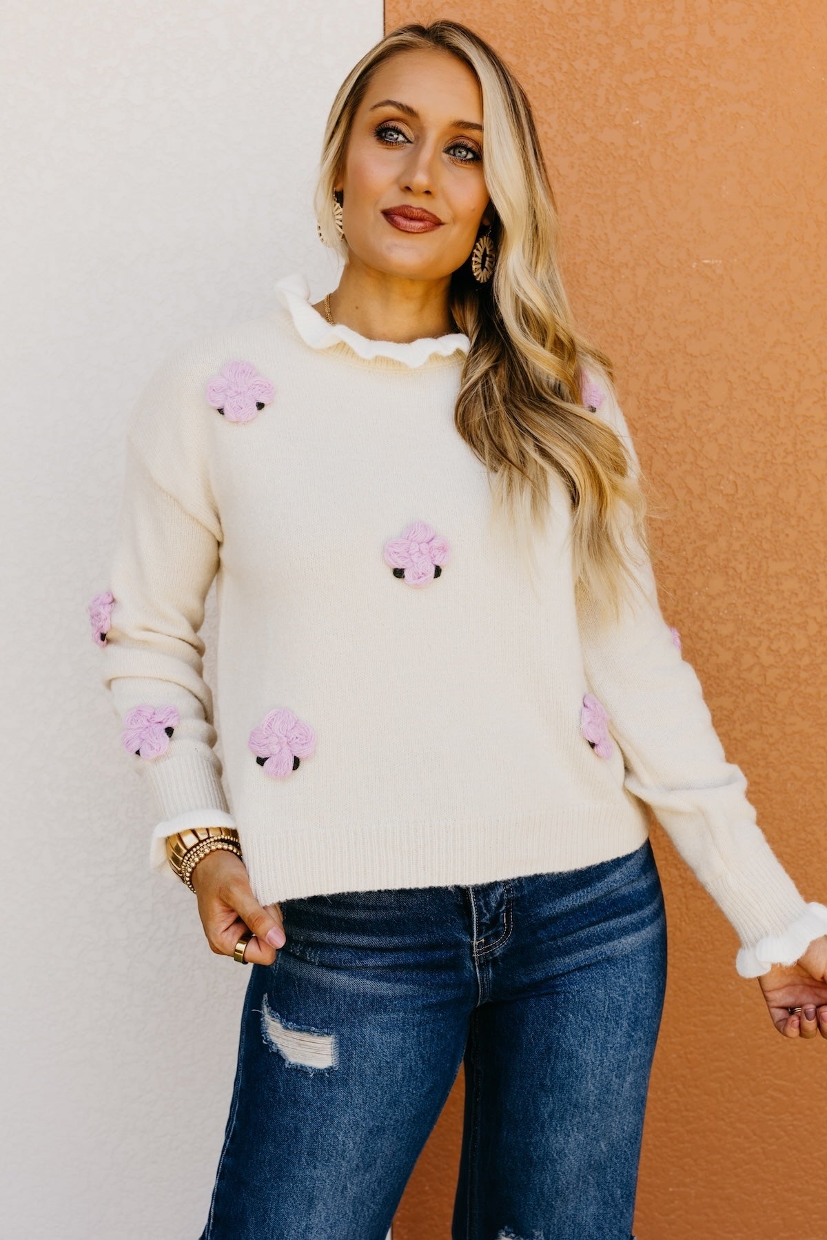 The Rogelio Floral Ruffle Trim Sweater