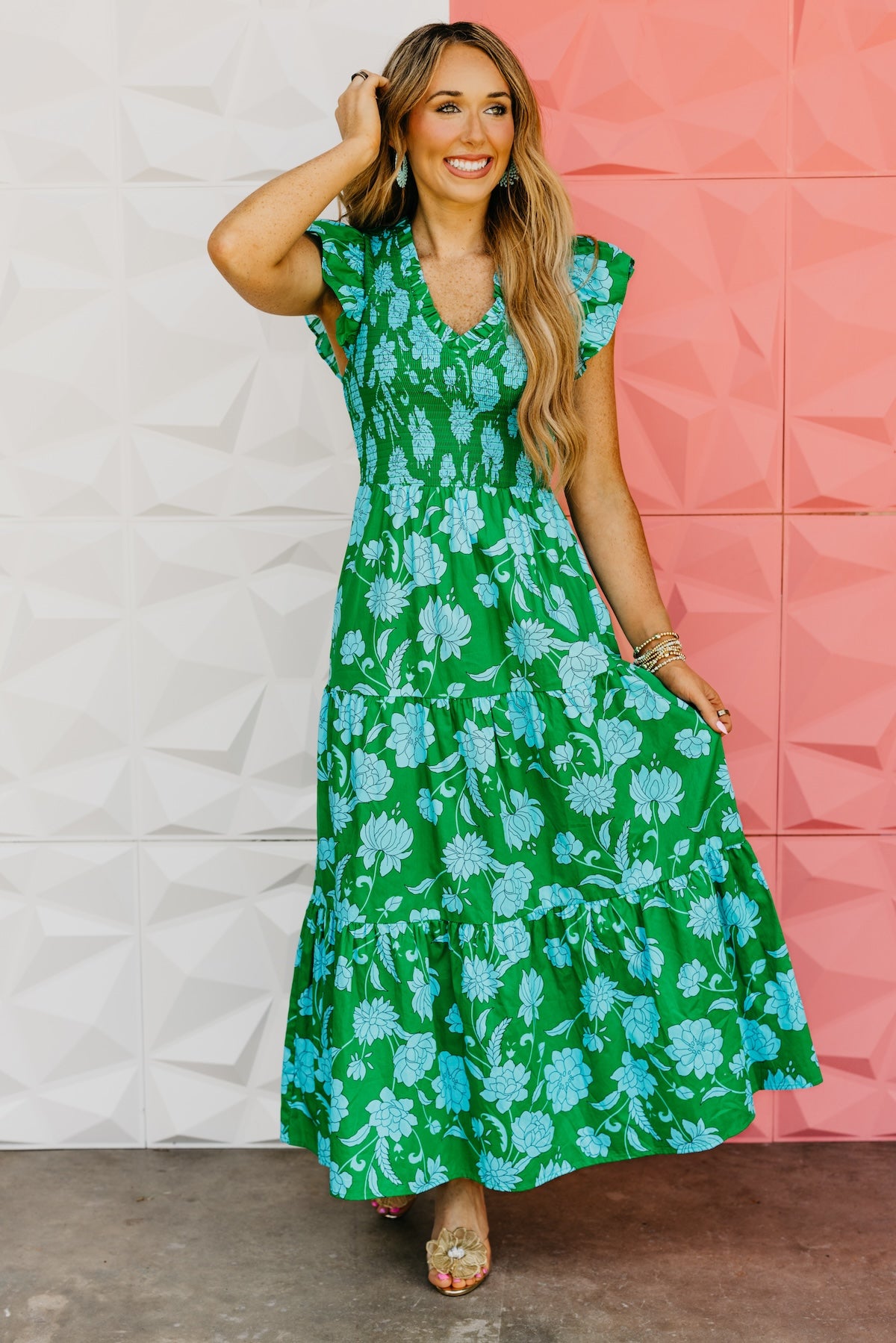 The Blevin Smocked Tiered Midi Dress