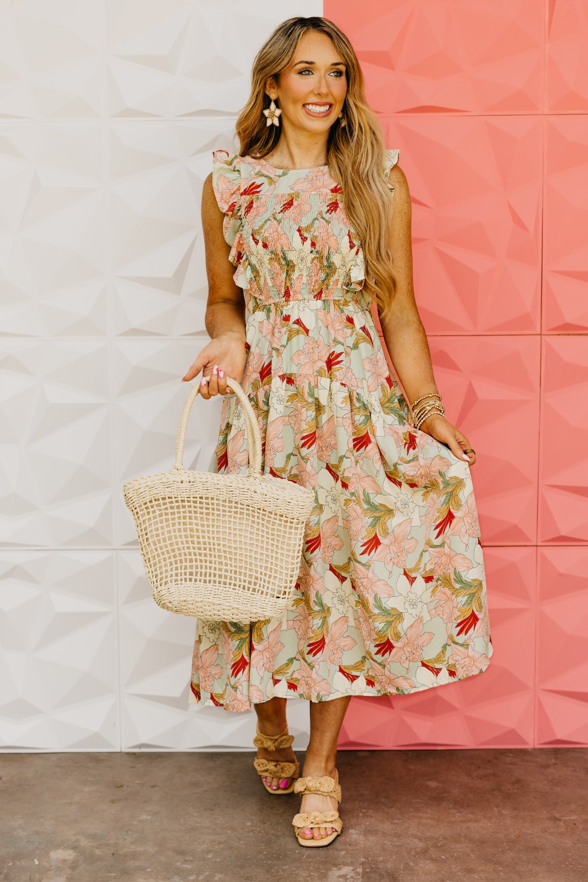 The Megan Floral Ruffle Sleeve Midi Dress