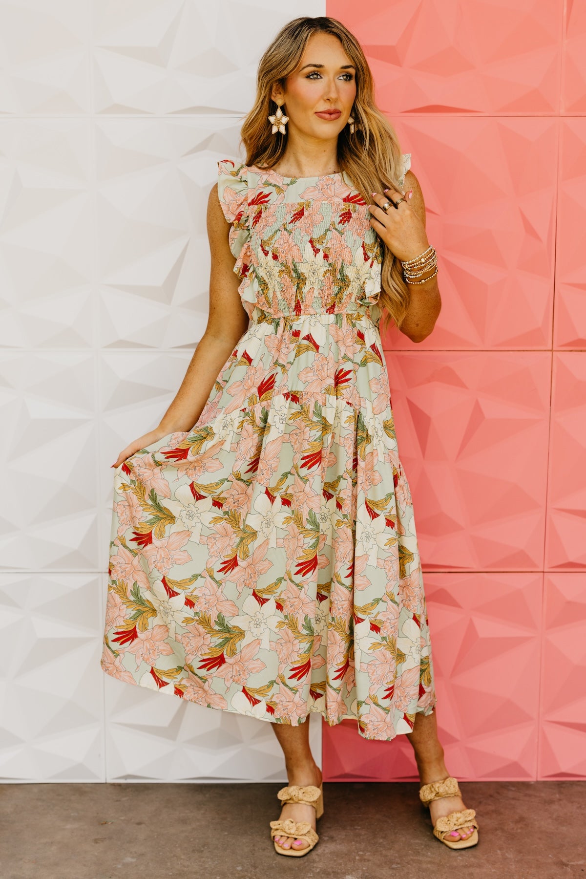 The Megan Floral Ruffle Sleeve Midi Dress