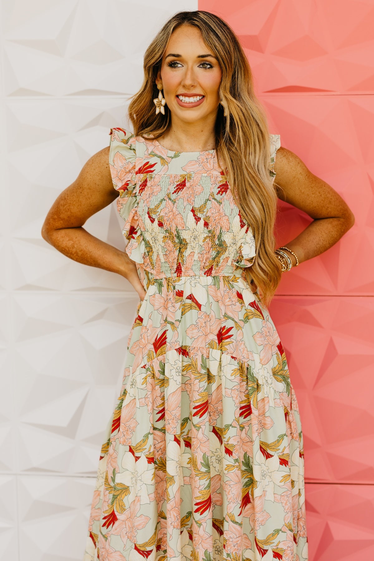 The Megan Floral Ruffle Sleeve Midi Dress