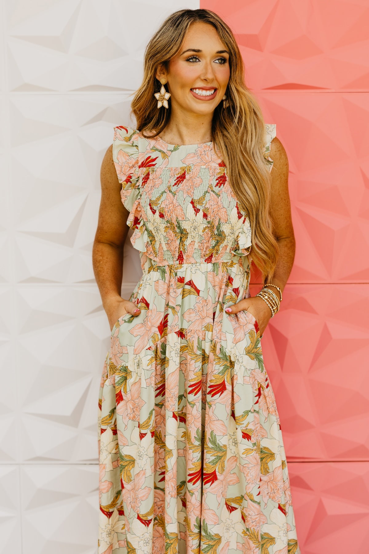 The Megan Floral Ruffle Sleeve Midi Dress