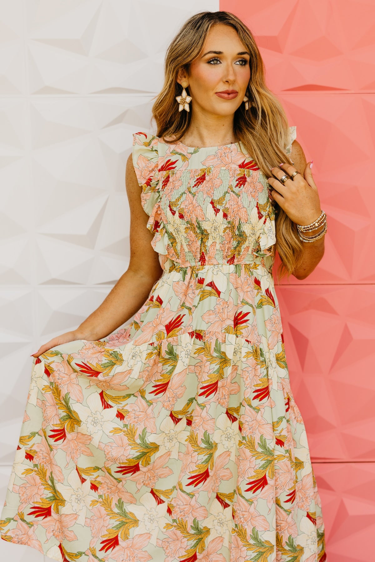 The Megan Floral Ruffle Sleeve Midi Dress