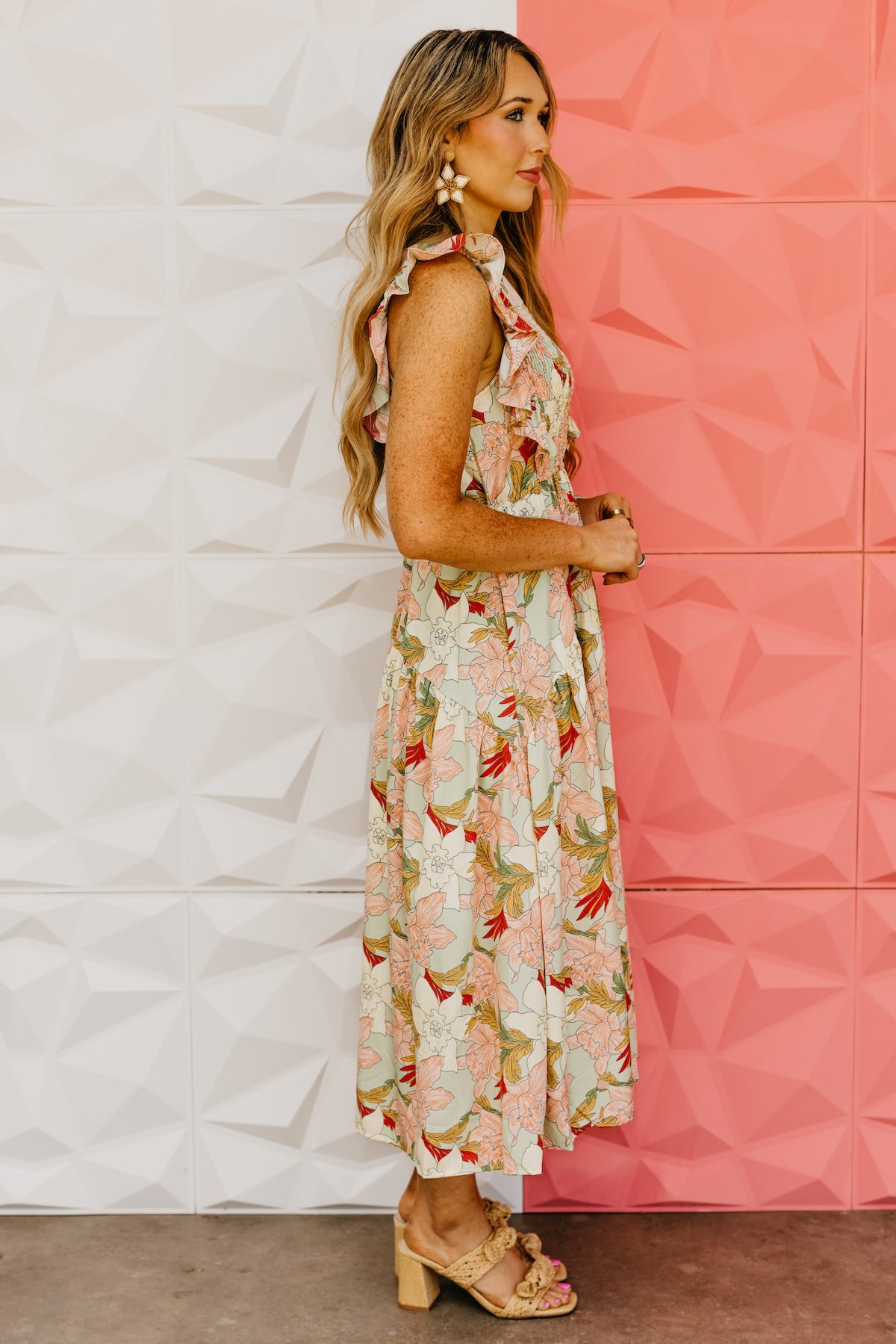 The Megan Floral Ruffle Sleeve Midi Dress
