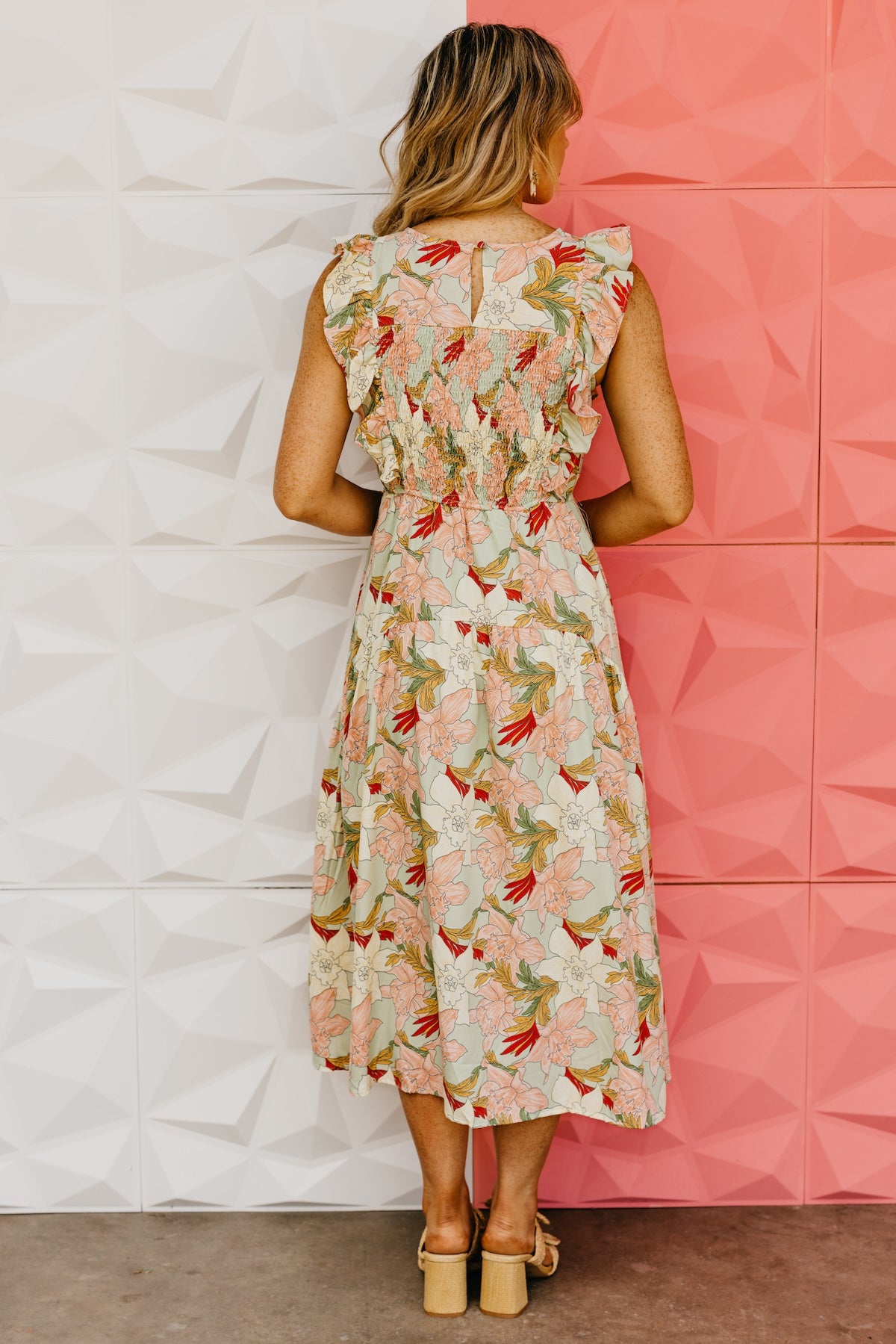 The Megan Floral Ruffle Sleeve Midi Dress
