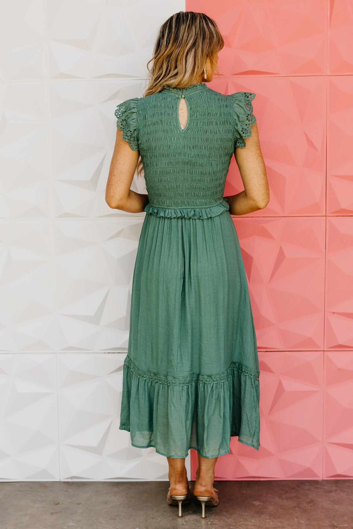 The Ronin Smocked Eyelet Midi Dress