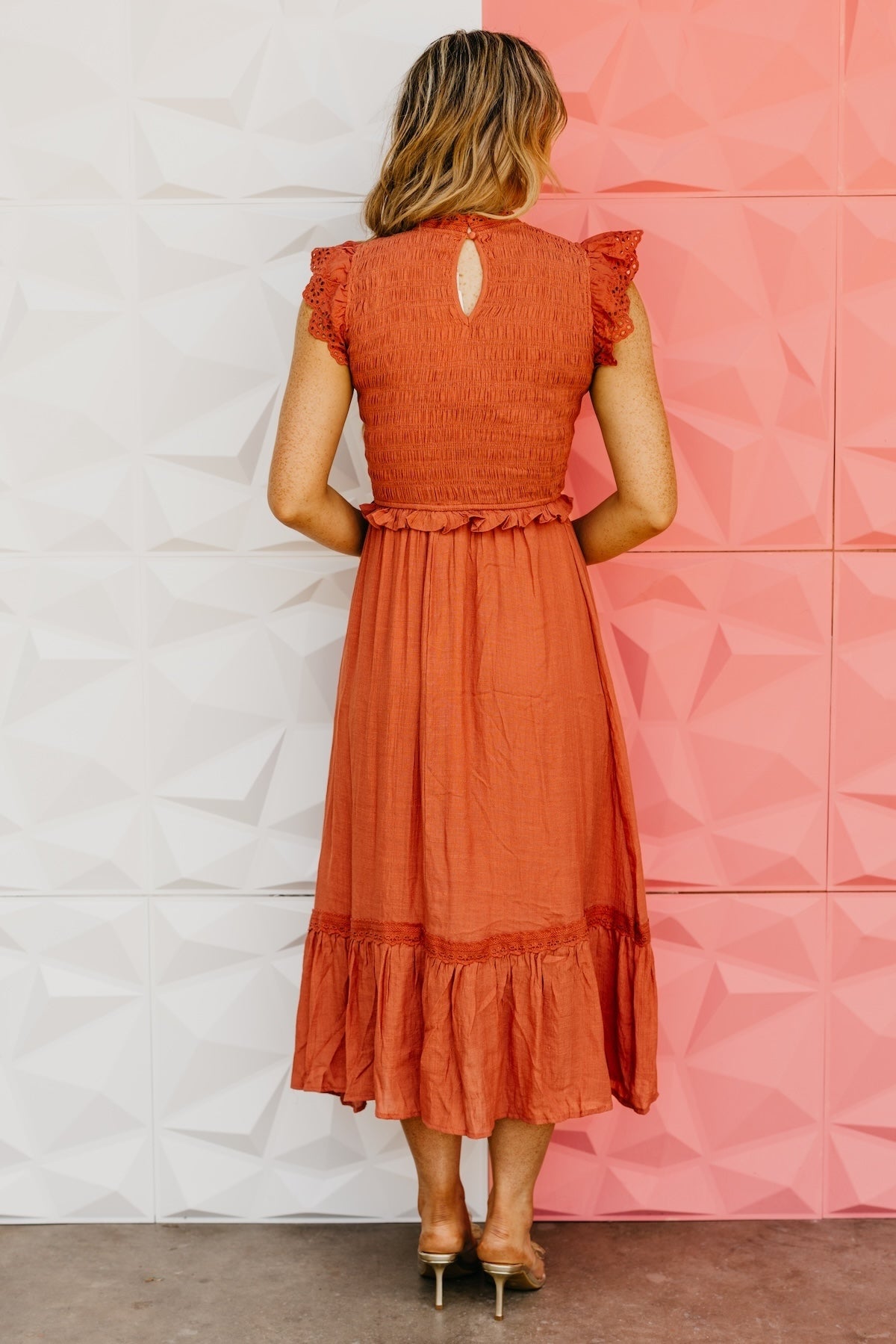 The Ronin Smocked Eyelet Midi Dress