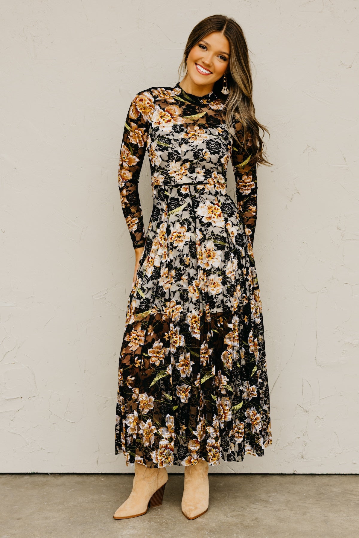 The Lola Floral Mesh Mock Neck Maxi Dress