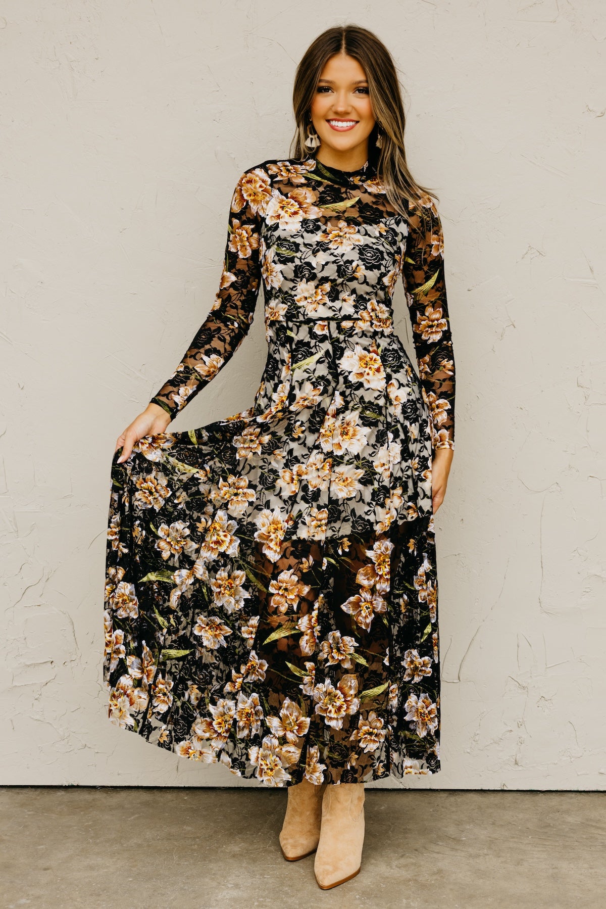The Lola Floral Mesh Mock Neck Maxi Dress