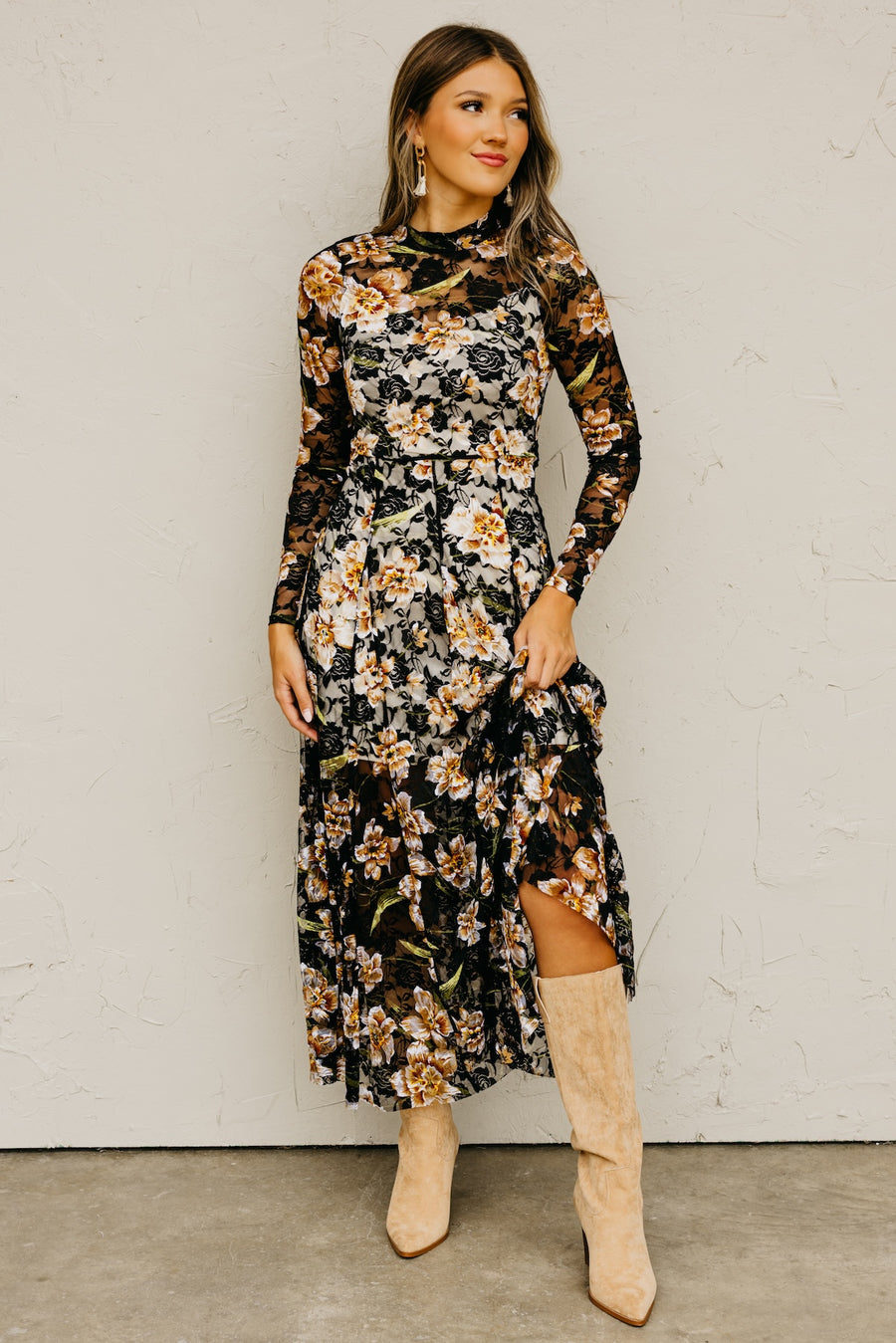 The Lola Floral Mesh Mock Neck Maxi Dress