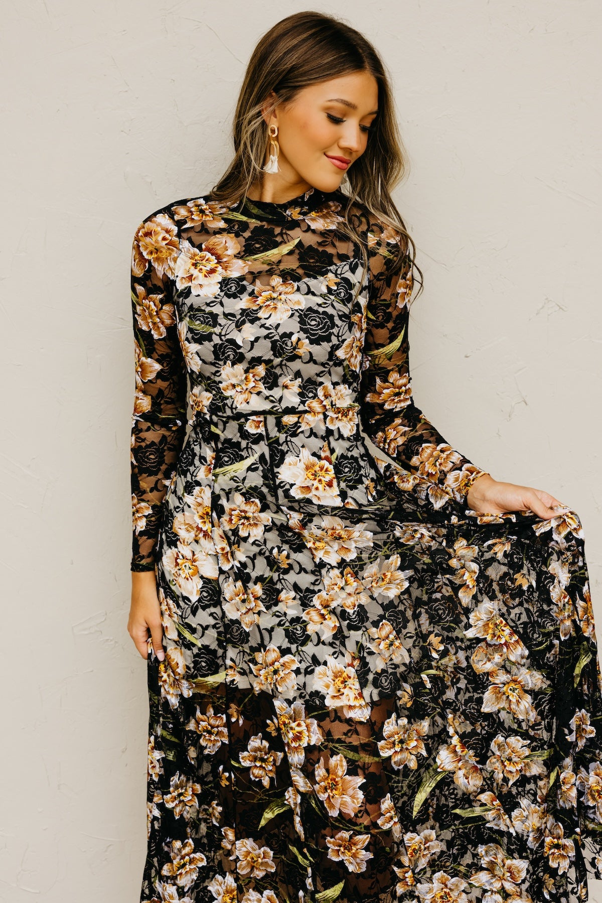 The Lola Floral Mesh Mock Neck Maxi Dress
