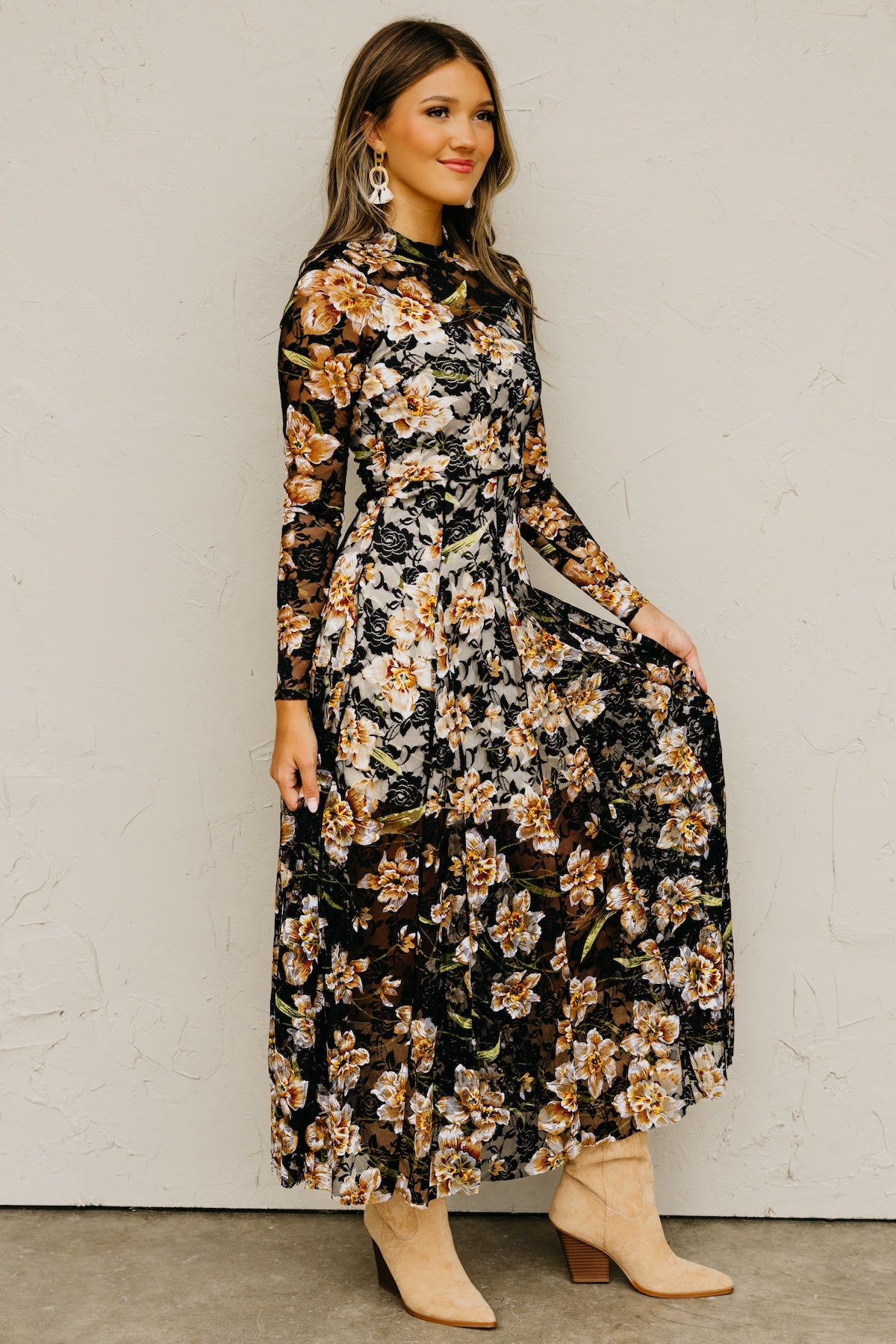 The Lola Floral Mesh Mock Neck Maxi Dress