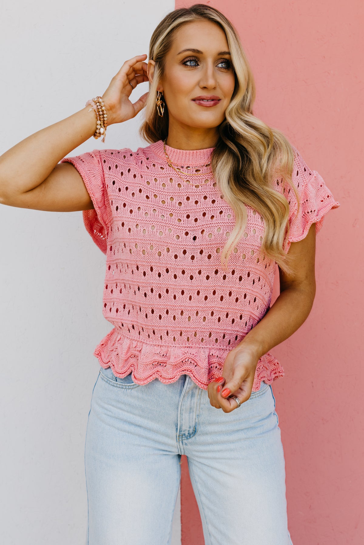 The Lionel Ruffle Trim Pointelle Sweater Top