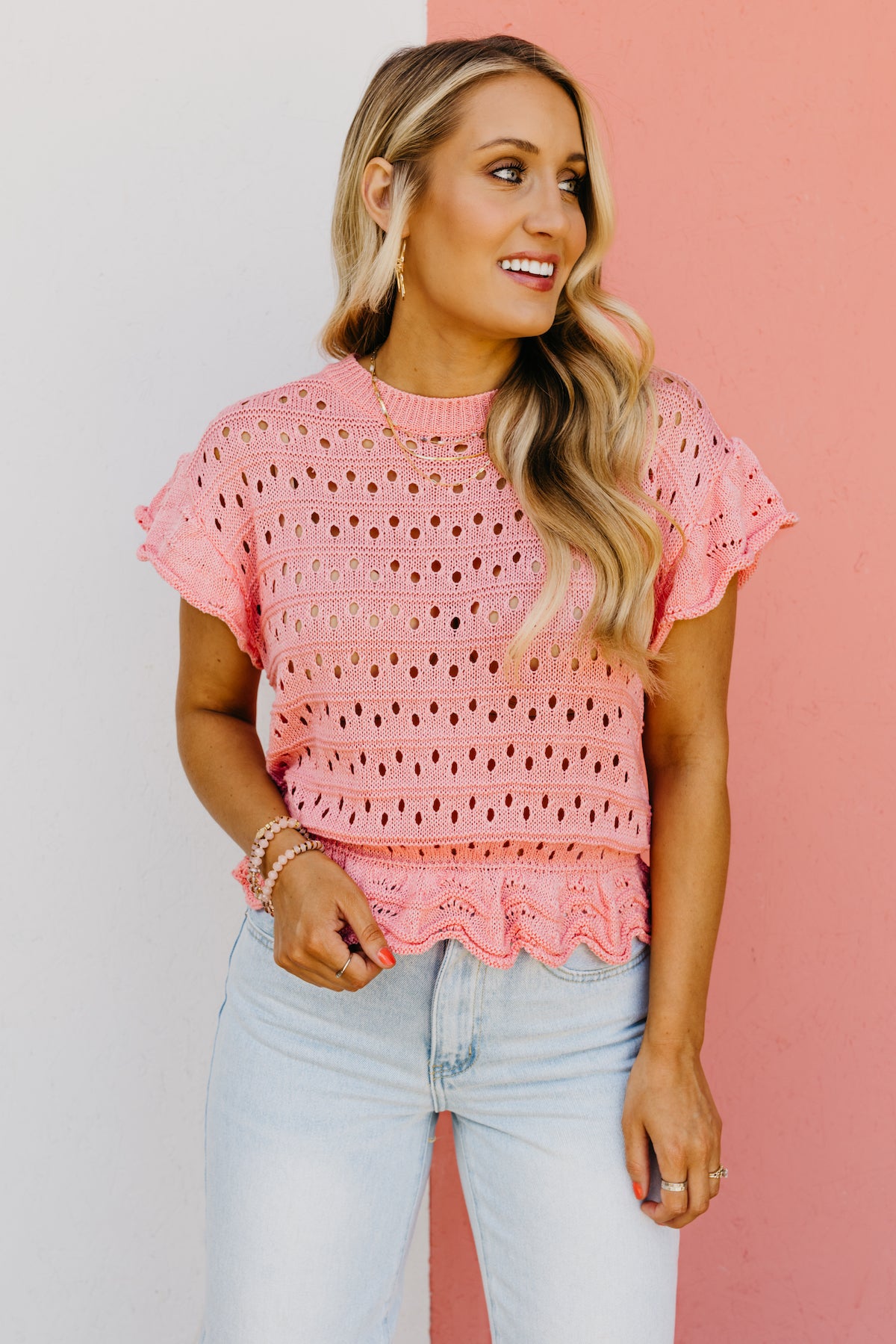 The Lionel Ruffle Trim Pointelle Sweater Top