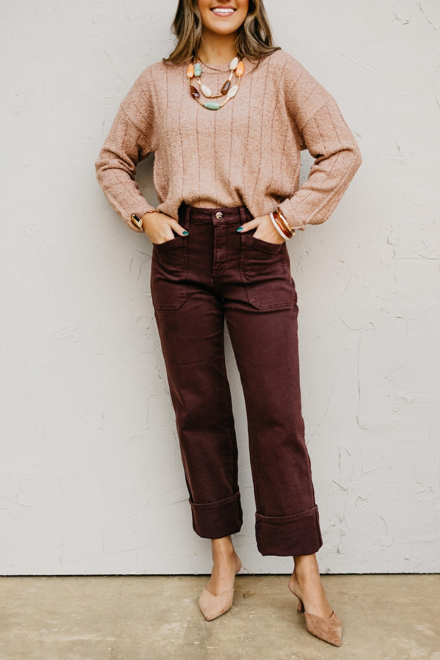 Risen Denim | High Rise Wide Straight Cuffed Patch Pocket