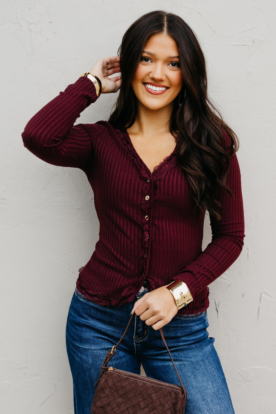 The Lidia Button Down Lace Trim Fitted Knit Top