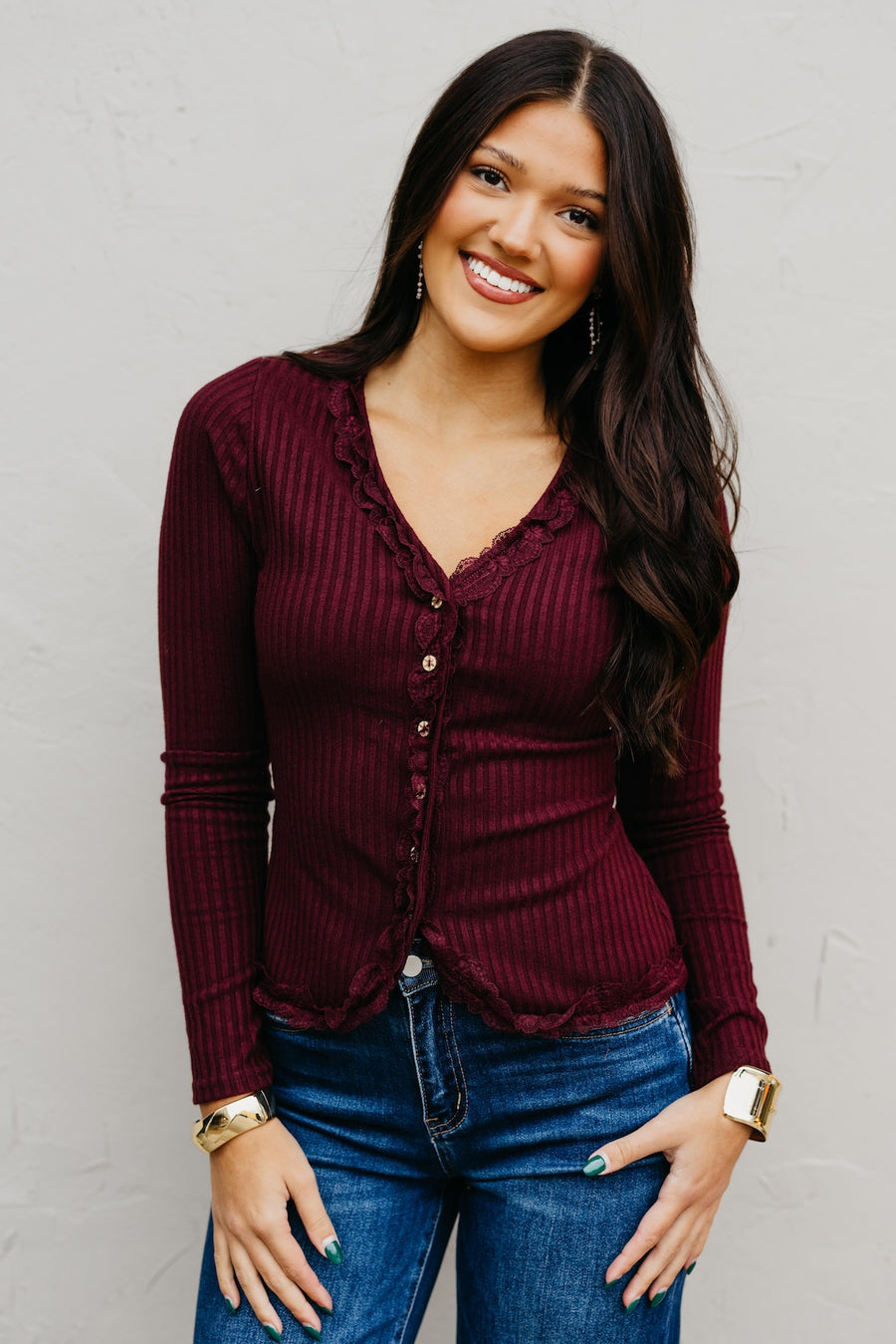 The Lidia Button Down Lace Trim Fitted Knit Top