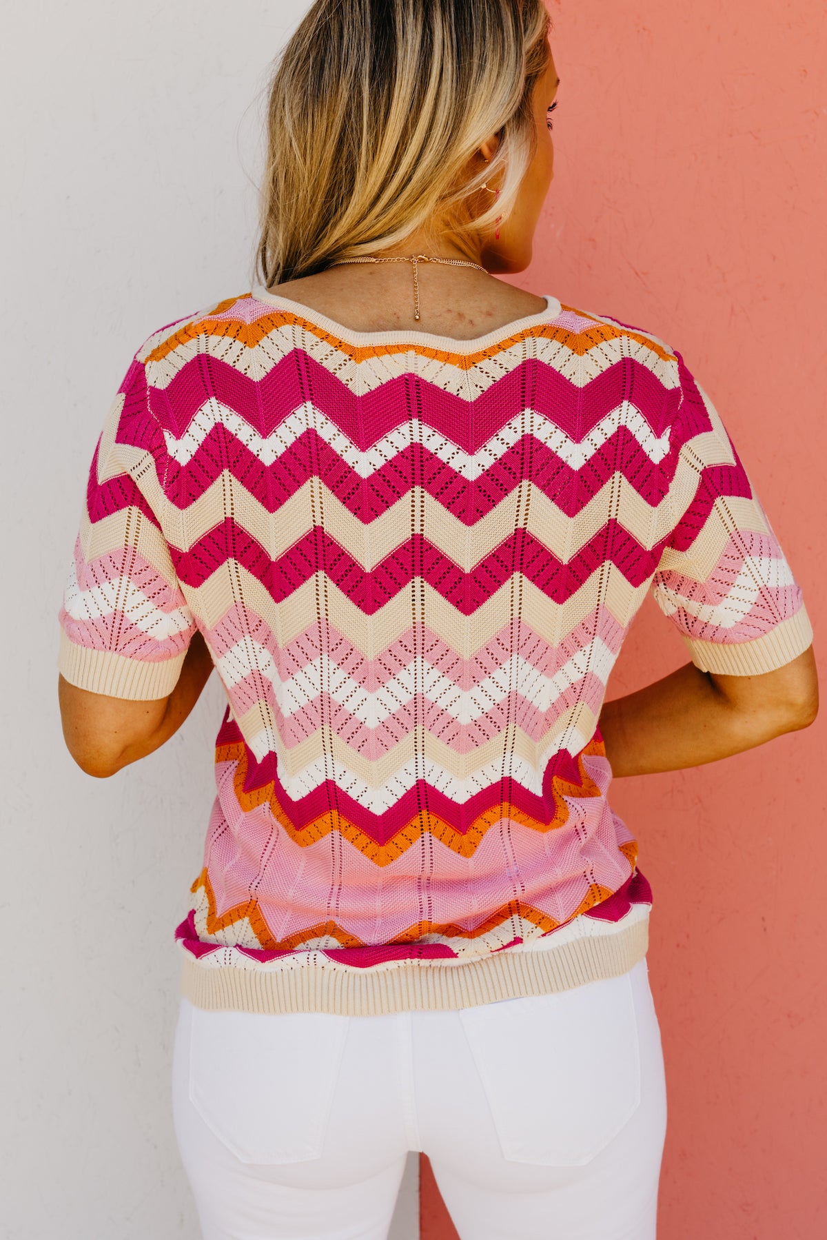 The Angelica Chevron Pointelle Short Sleeve Sweater