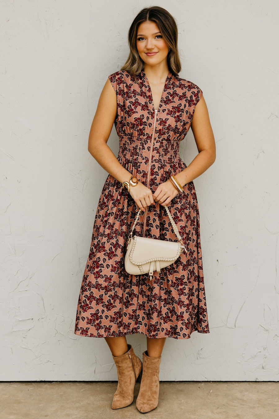 The Elora Floral Zip-Front Midi Dress
